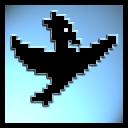 A pixelated bird in front of a blue gradient, all encapsulated by a square, black frame. 